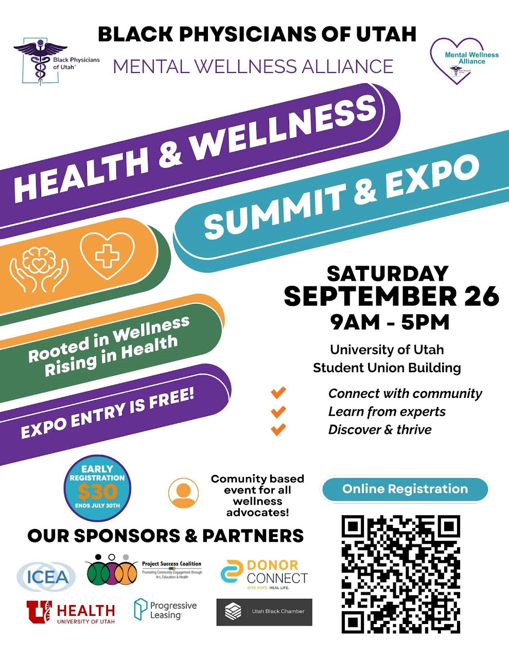 Promotional flyer for the Black Physicians of Utah Mental Wellness Alliance Health & Wellness Summit & Expo, featuring event details, sponsor logos, and a QR code on a white background.