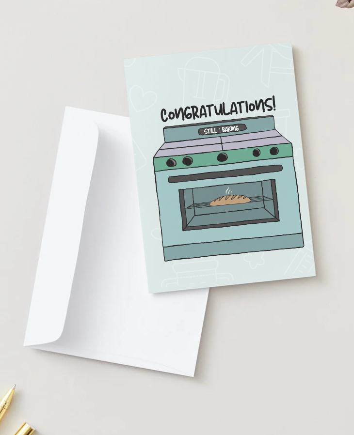 Bun in the Oven, Funny Hand Drawn Pregnancy Card, Recycled Paper