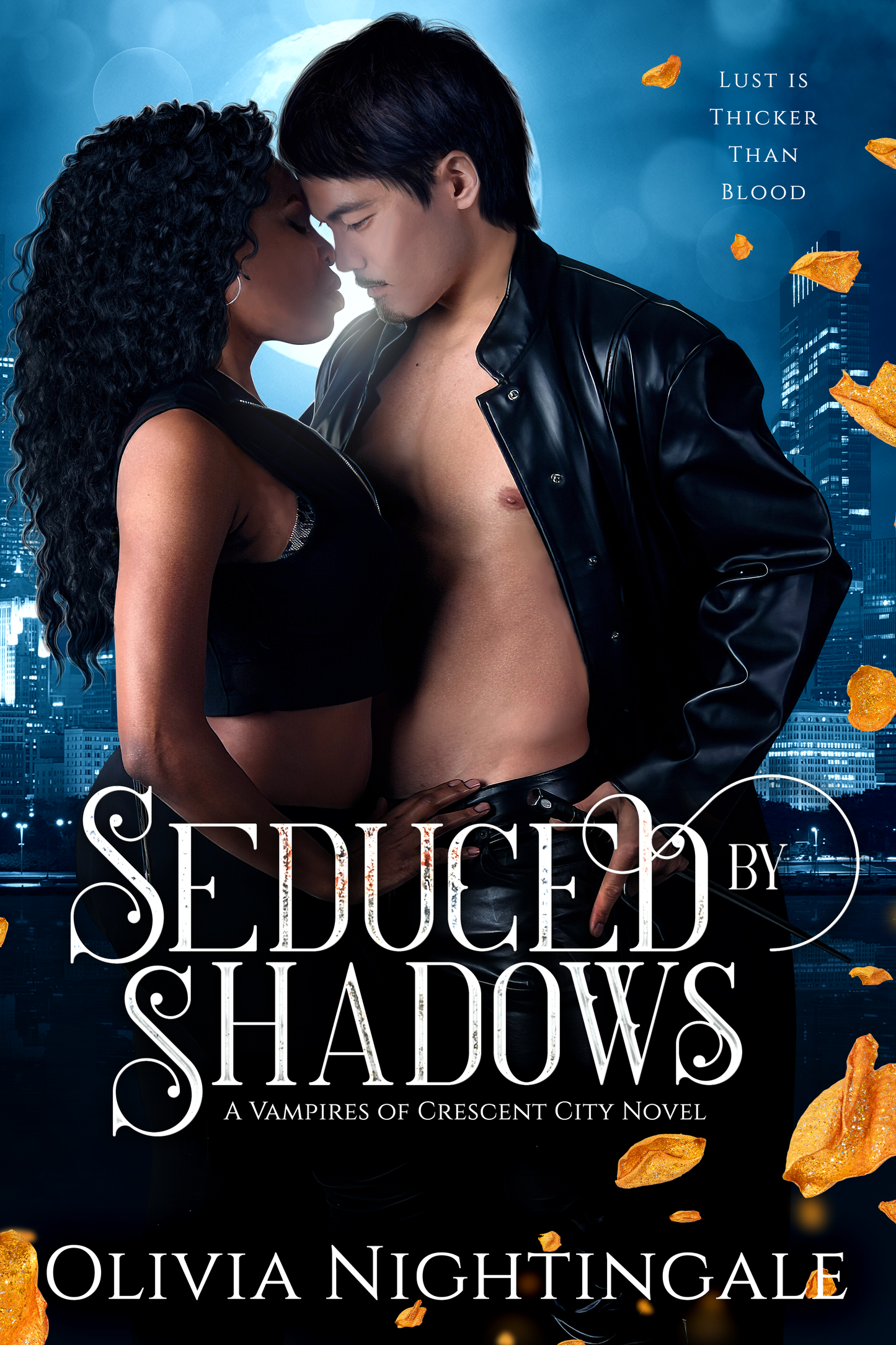 Book cover for 'Seduced by Shadows' by Olivia Nightingale, featuring a romantic close-up of a shirtless man in a black leather jacket and a woman in a black top against a blue city skyline at night with falling orange leaves.