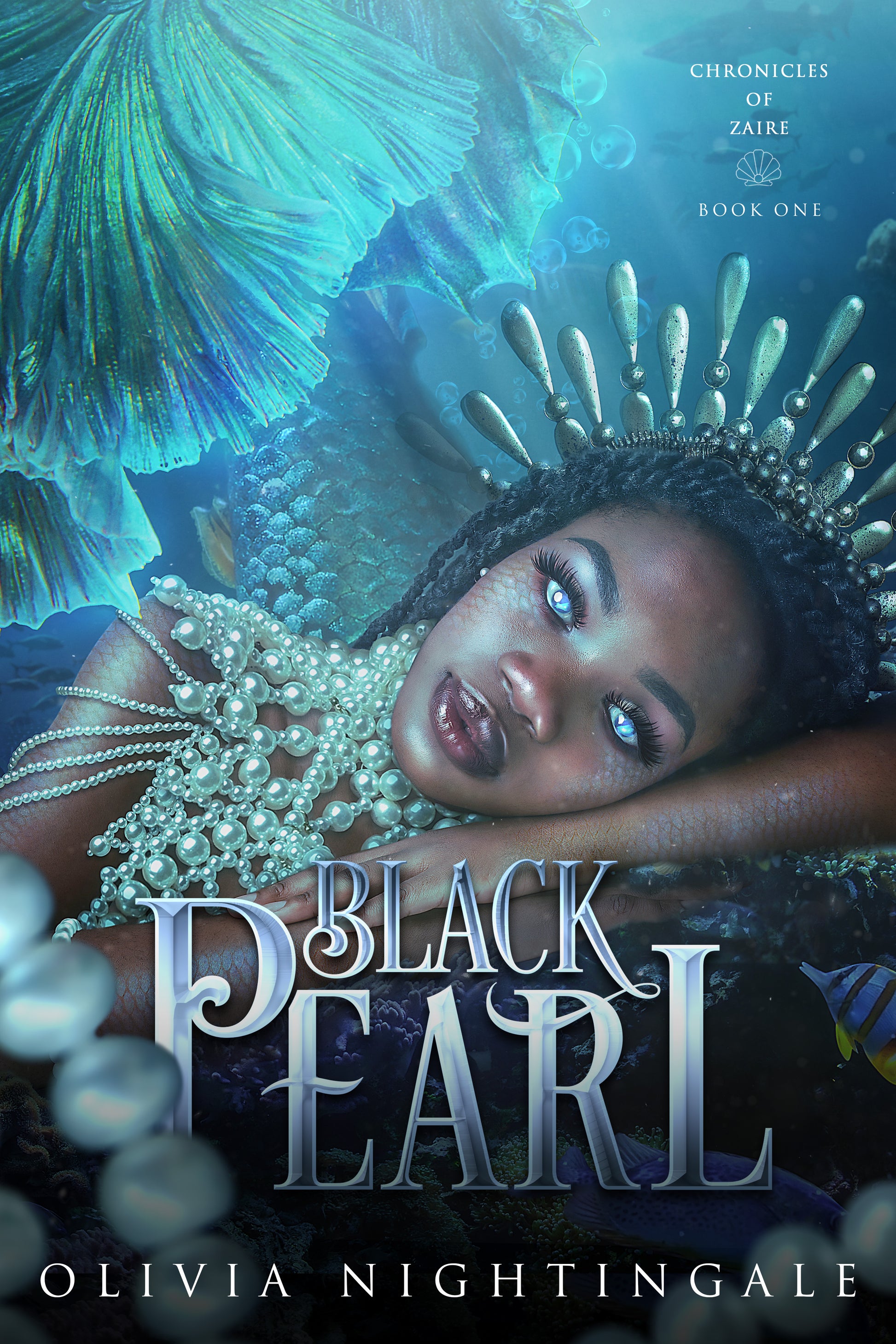 Book cover for 'Black Pearl' by Olivia Nightingale, showing a mermaid woman with braided hair, pearl jewelry, and a metallic crown in an underwater mermaid-themed scene. Text at the top reads 'Chronicles of Zaire Book One'.