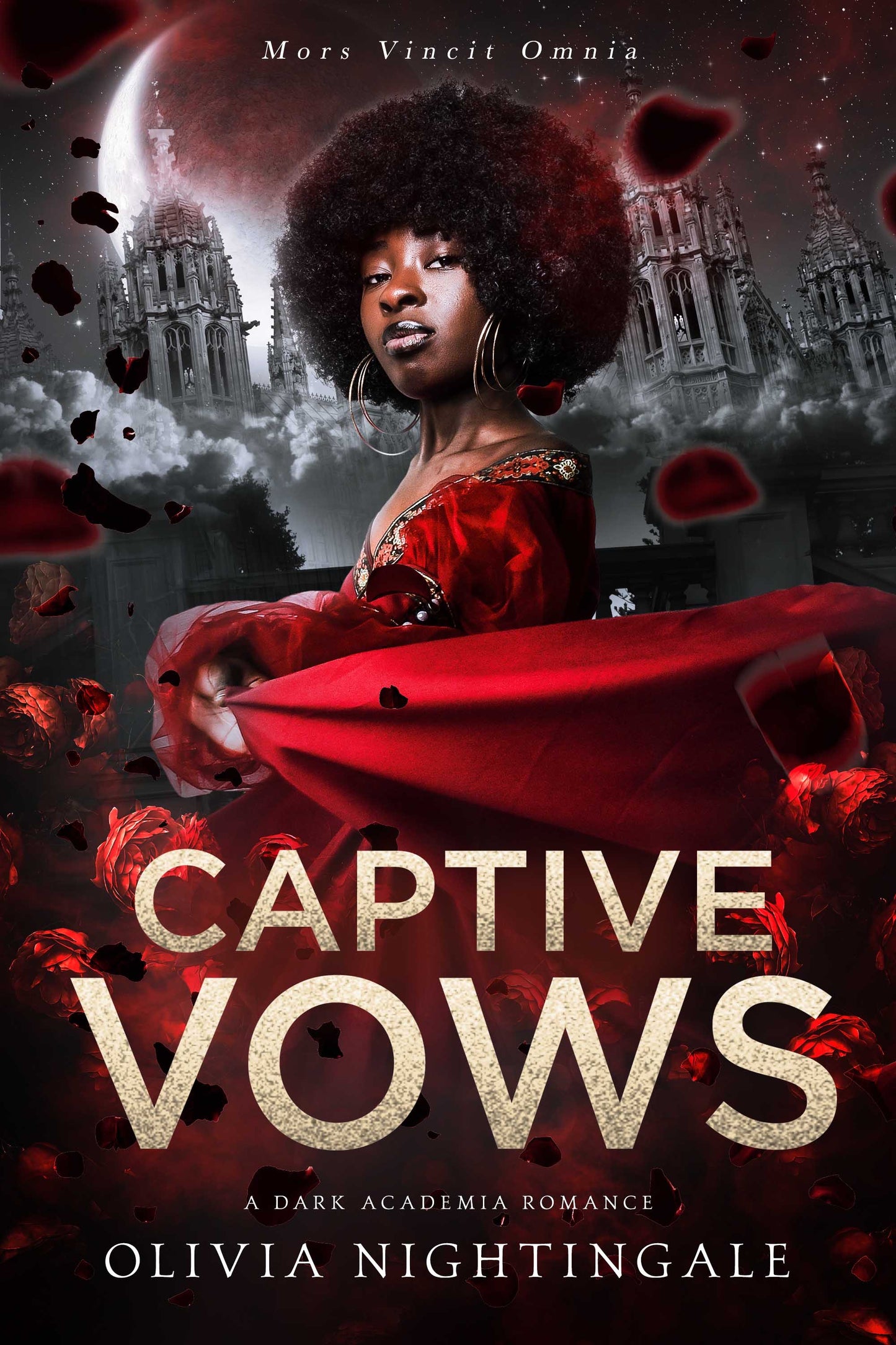 Book cover for 'Captive Vows' by Olivia Nightingale, featuring a woman with an afro hairstyle in a red dress against a gothic cathedral backdrop under a full moon, with large gold title text and red rose petals.