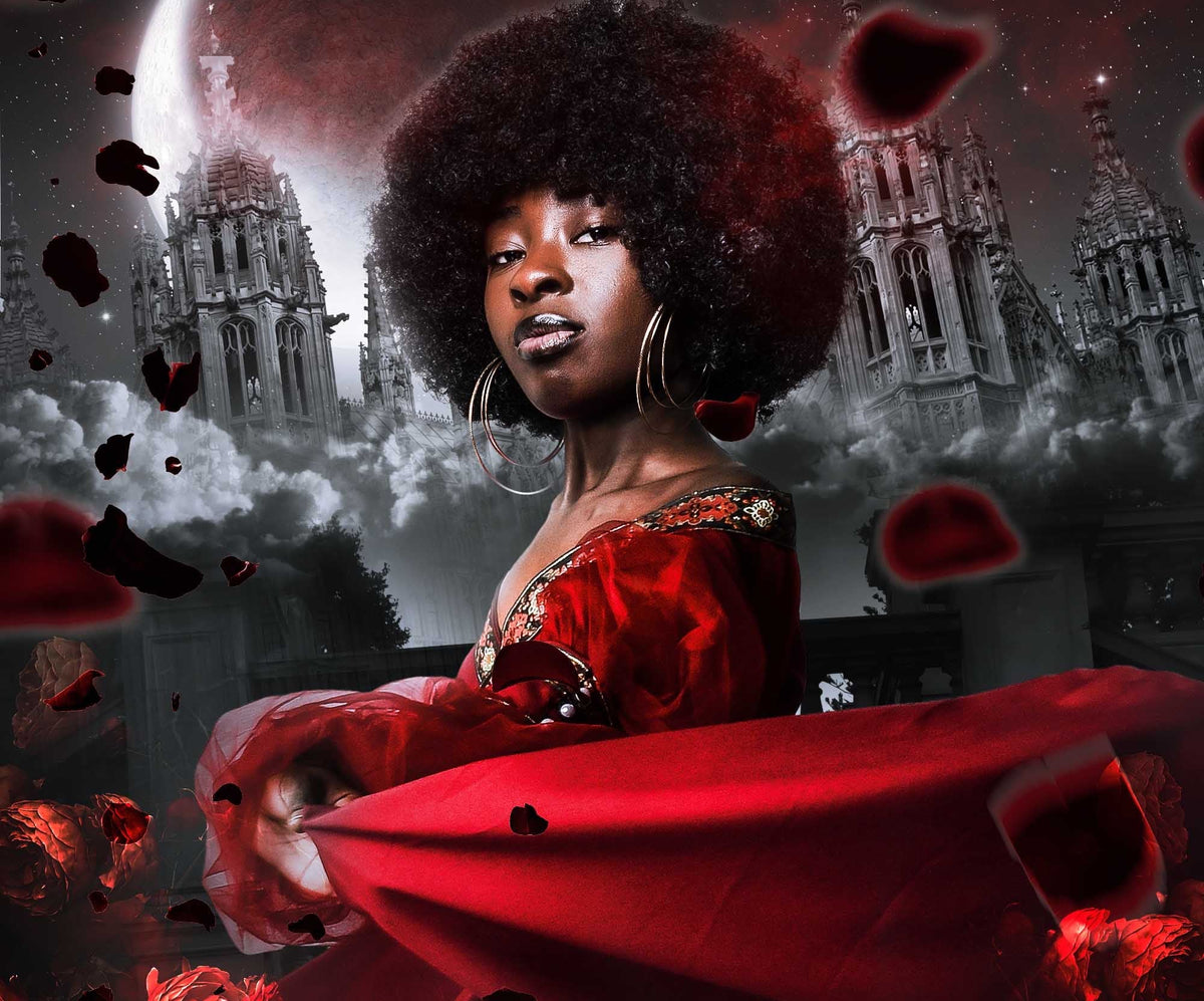 Book cover for 'Captive Vows' by Olivia Nightingale, featuring a woman with an afro hairstyle in a red dress against a gothic cathedral backdrop under a full moon, with large gold title text and red rose petals.