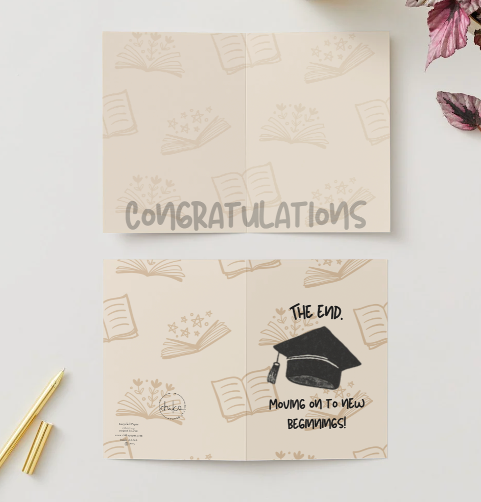 The End. Moving On To New Beginnings! Hand Drawn Graduation Greeting Card