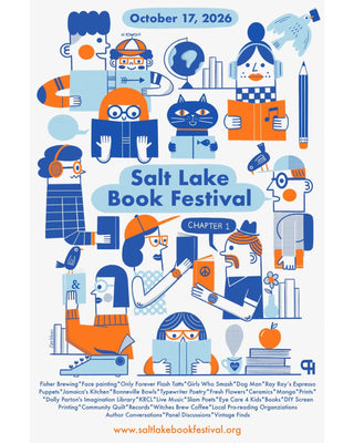 A stylized illustrated poster for the Salt Lake Book Festival, dated October 17, 2026, with blue and orange graphic icons representing books, reading, writing, and storytelling elements. The text reads 'Salt Lake Book Festival' and 'CHAPTER 1,' with a website at the bottom.