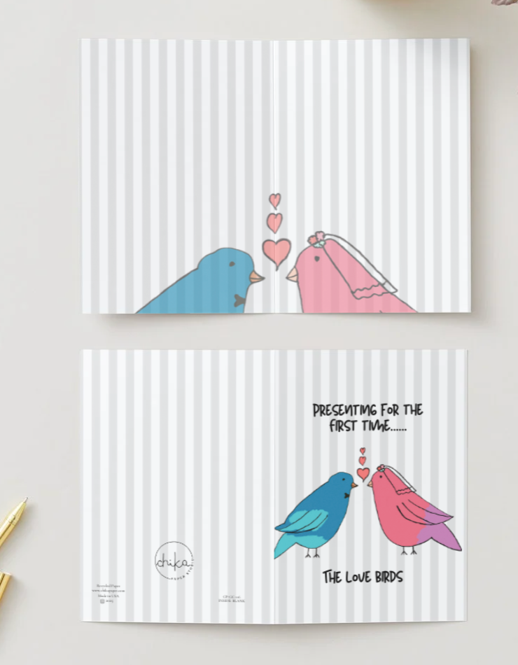 Love Birds, Hand Drawn Romantic Love Greeting Card, Recycled Paper