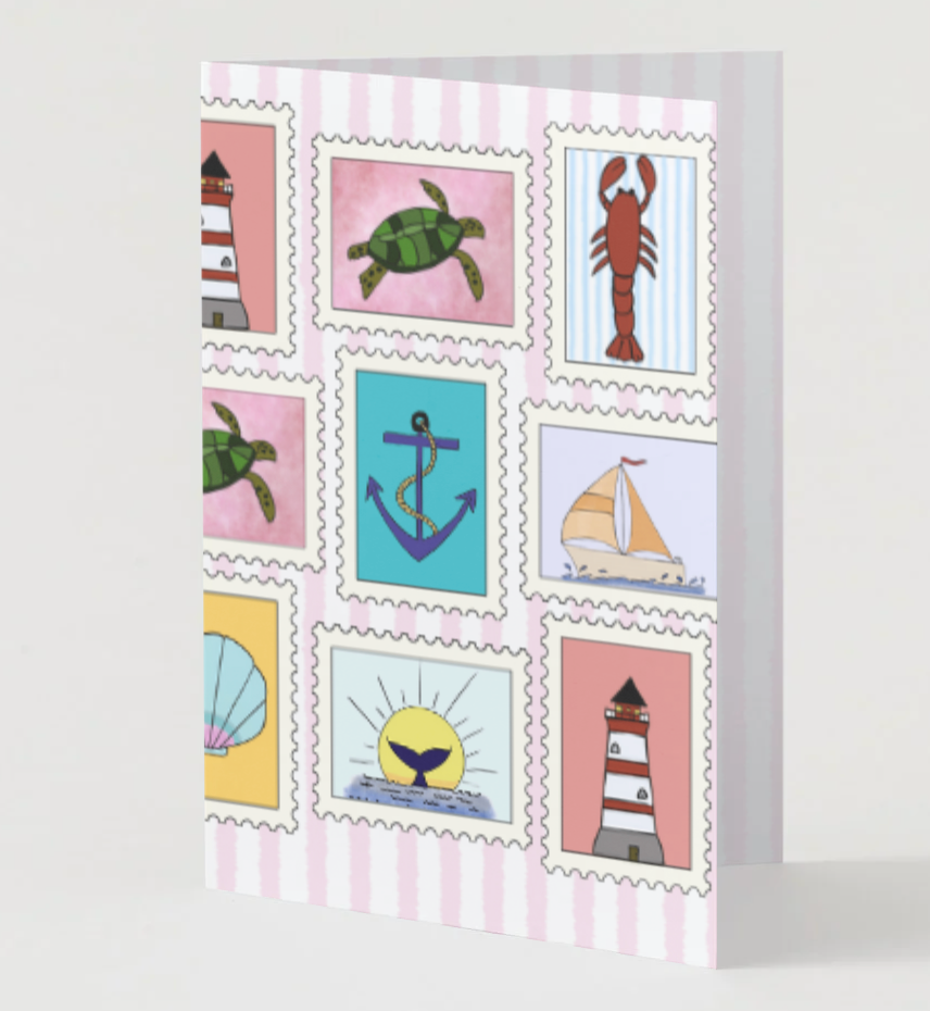 Nautical Stamps, Hand Drawn Coastal Greeting Card — Recycled Paper