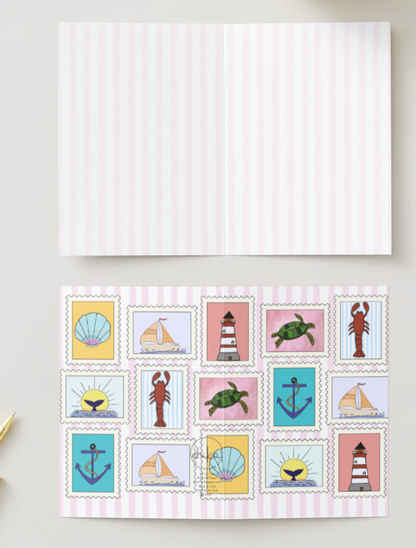 Nautical Stamps, Hand Drawn Coastal Greeting Card — Recycled Paper