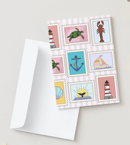 Nautical Stamps, Hand Drawn Coastal Greeting Card — Recycled Paper