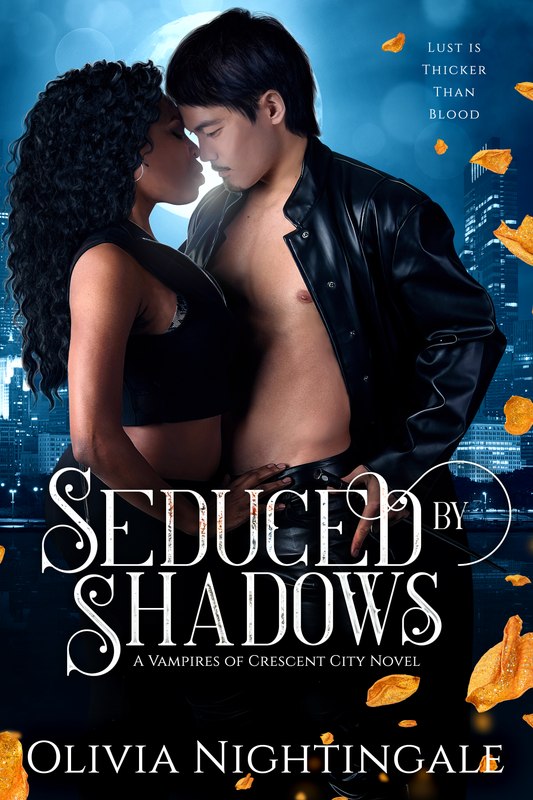 Book cover for 'Seduced by Shadows' by Olivia Nightingale, featuring a romantic close-up of a shirtless man in a black leather jacket and a woman in a black top against a blue city skyline at night with falling orange leaves.