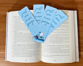 Blue Coquette White Mug "Just One More Page" Bookmark